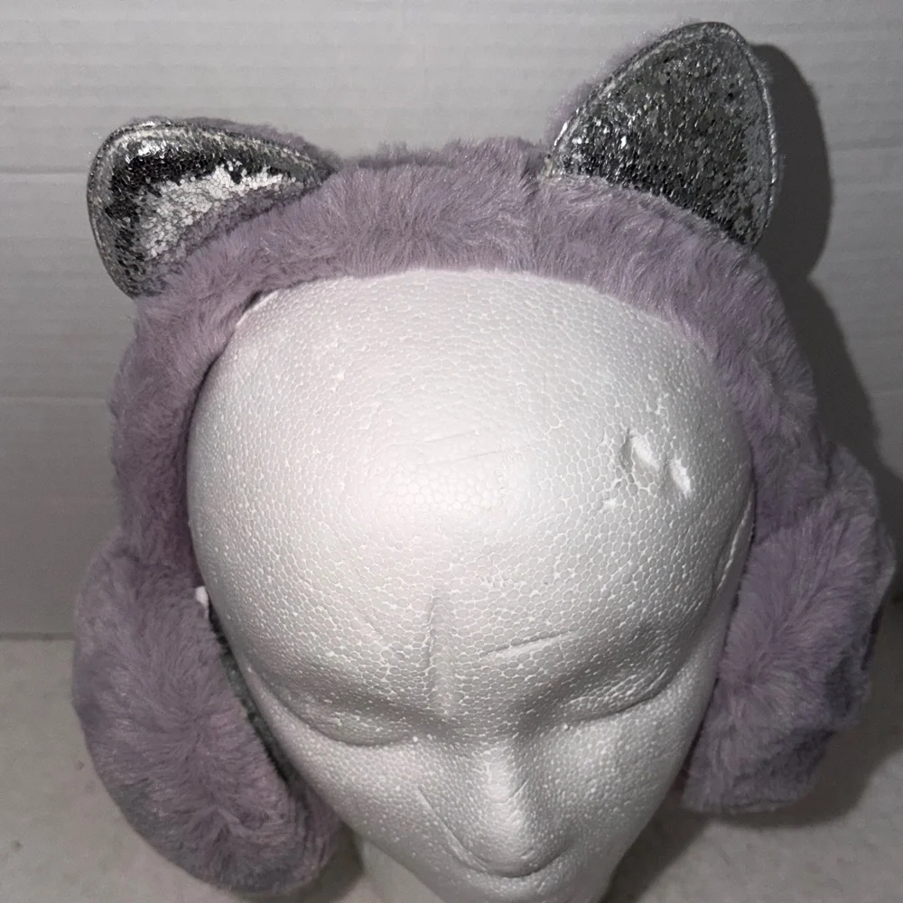Silver and Purple Cat Ear Earmuffs Girls Winter Warm NWOT